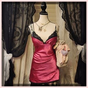 La SENZA Pink and Black Satin Chemise with Lace Trim